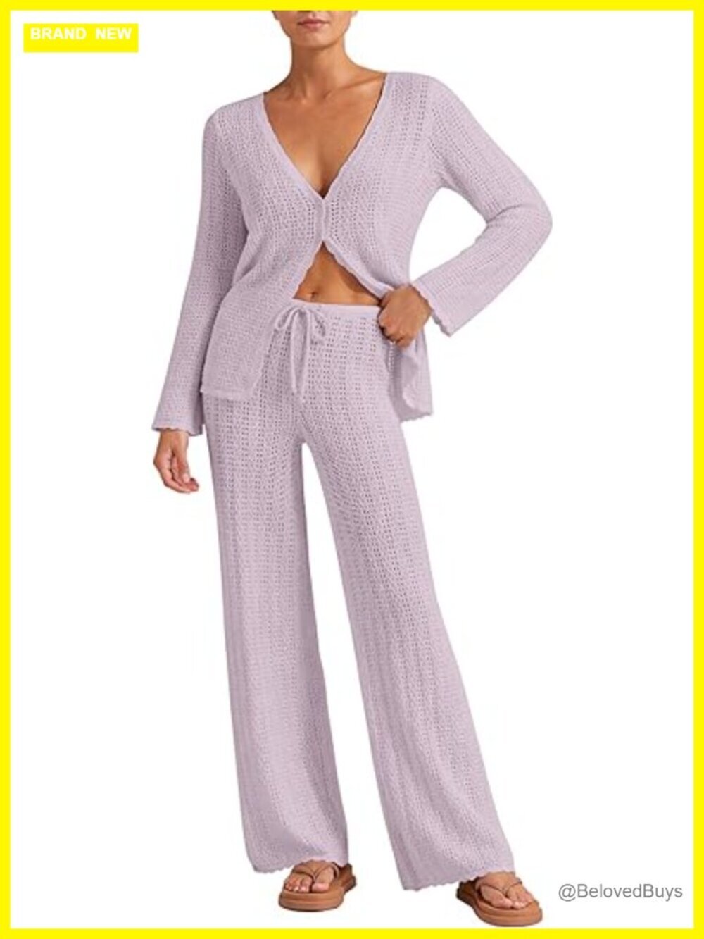 2 Piece Crochet Long Sleeve Button Cardigan Top and Pants Beach Cover Up Set